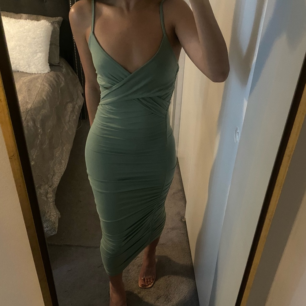 NEW Hug Me Tight Green Ruched Bodycon Midi Dress | Spaghetti Strap